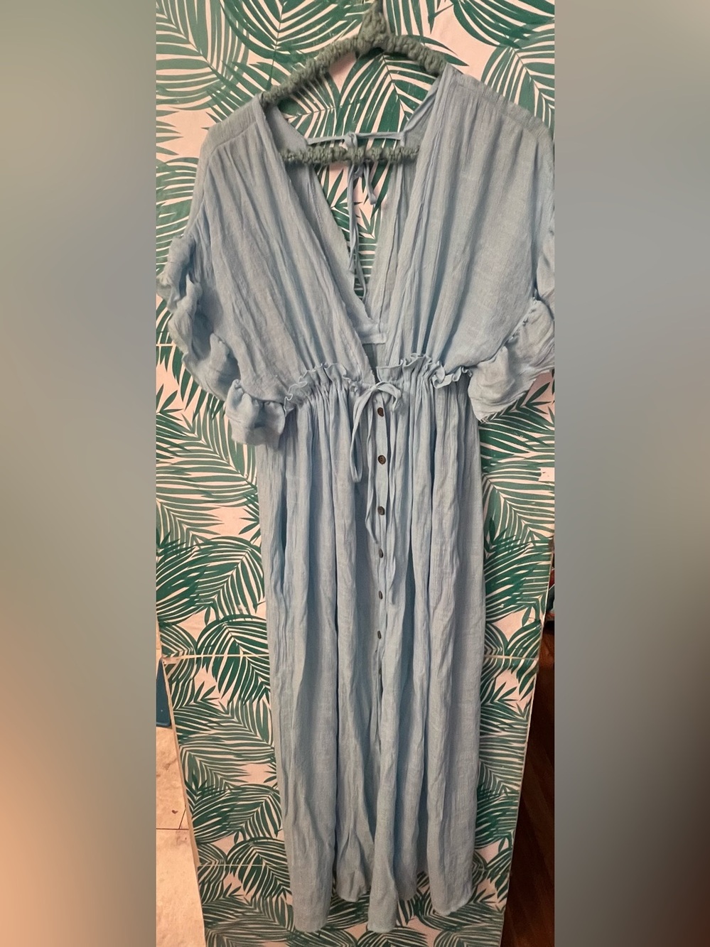 Bohemian Light Blue Button-Front Maxi Dress/ cover up with Drawstring Waist